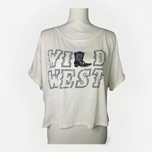 Wild West Cropped Boxy LG Short Sleeve T-Shirt Ivory Horse Cowgirl Boot Tee Top‎